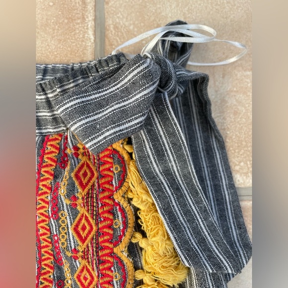 Shop the Mint Gray Striped Embroidered Wrap Short Summer Skirt With Tassels; M - Picture 4 of 6